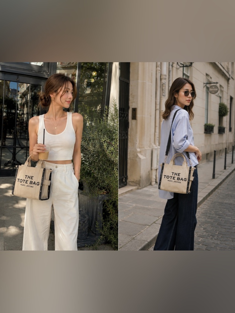 MARC JACOBS Mini The Tote Bag Canvas Crossbody Beige Black